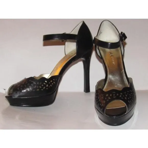 Anne Klein Black Leather Cutout Design Platforms