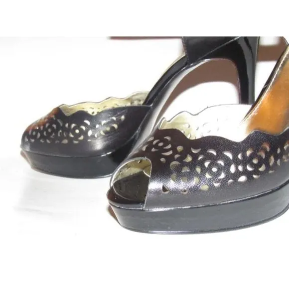 Anne Klein Black Leather Cutout Design Platforms