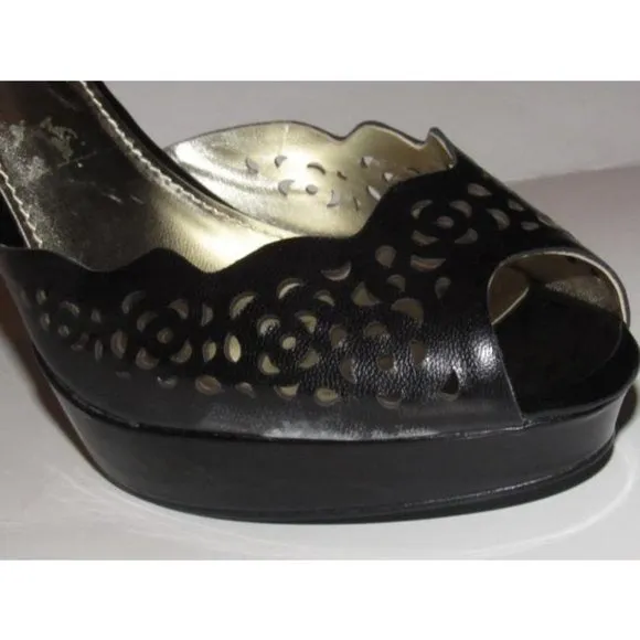 Anne Klein Black Leather Cutout Design Platforms