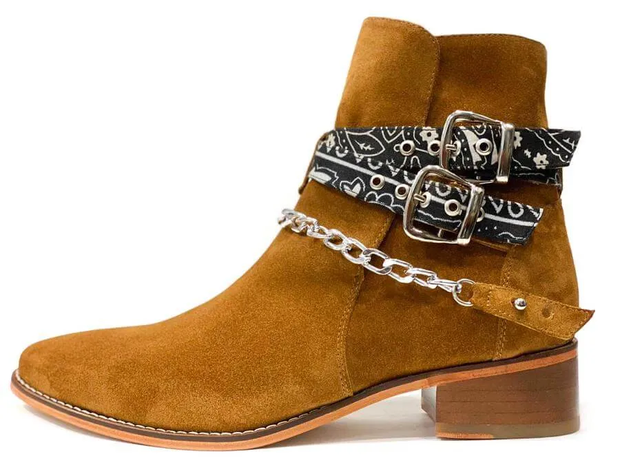 Beige Double Monk Ankle High Suede  Boot For Men's