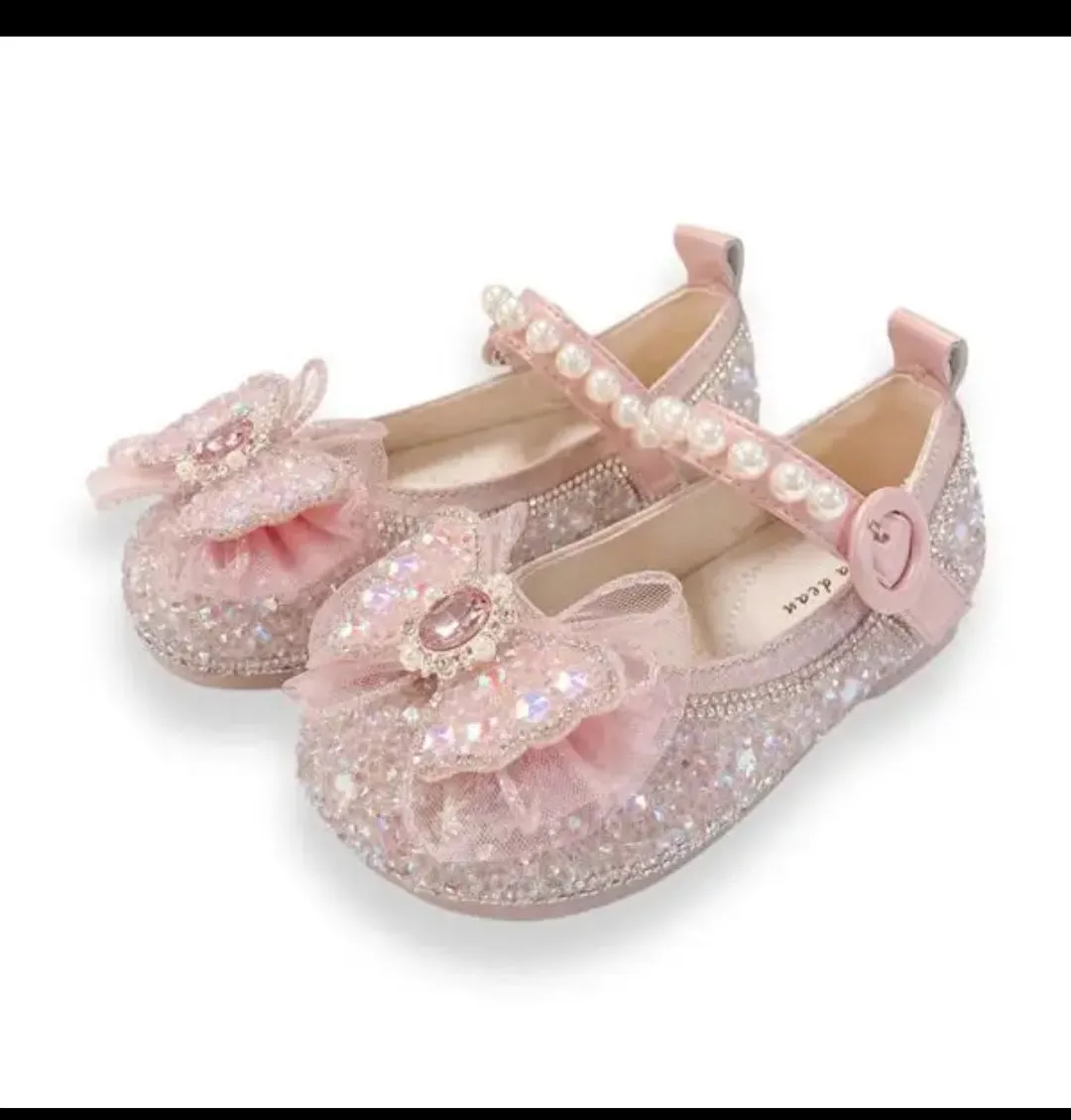 Big Girls sparkly pink Bow Dress shoes  Glitter $ Pearl Strap