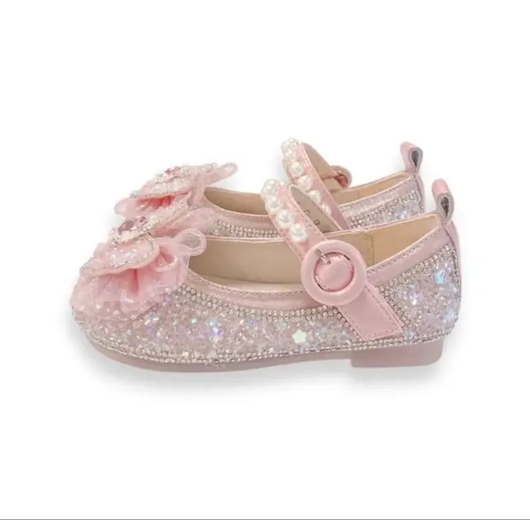 Big Girls sparkly pink Bow Dress shoes  Glitter $ Pearl Strap