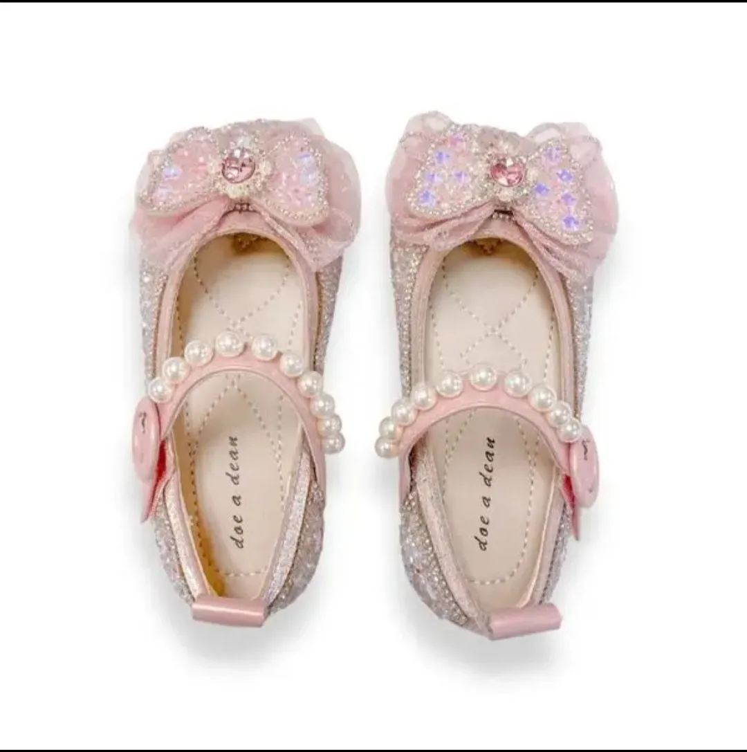 Big Girls sparkly pink Bow Dress shoes  Glitter $ Pearl Strap
