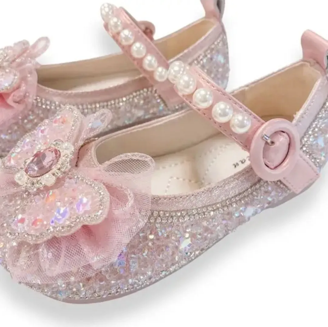 Big Girls sparkly pink Bow Dress shoes  Glitter $ Pearl Strap