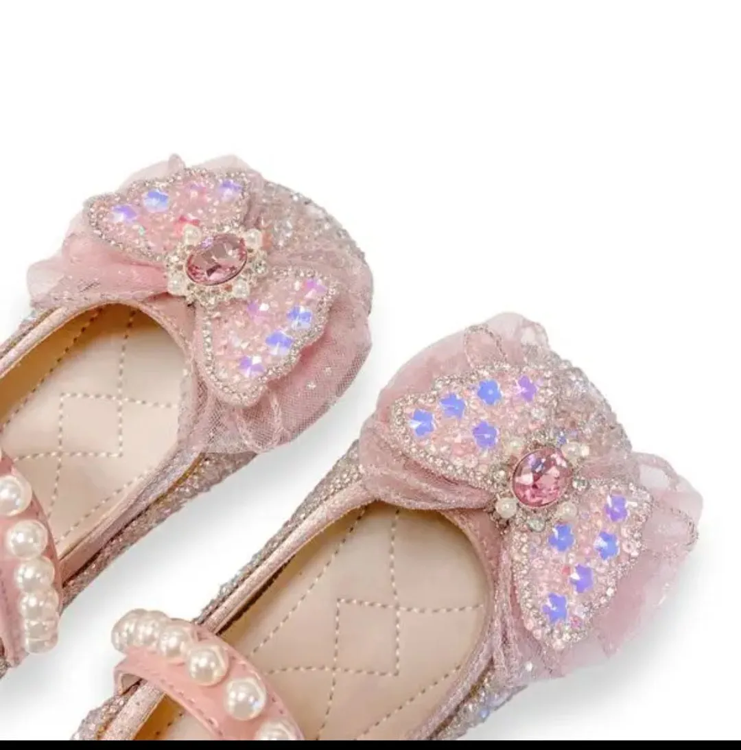 Big Girls sparkly pink Bow Dress shoes  Glitter $ Pearl Strap
