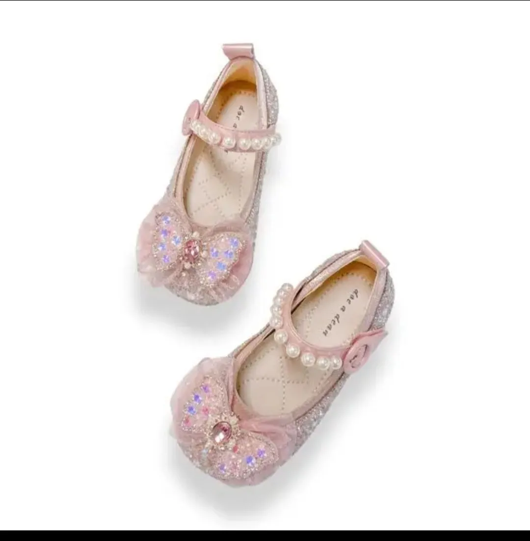Big Girls sparkly pink Bow Dress shoes  Glitter $ Pearl Strap