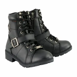 MBL9326WP Women's Black Leather Lace-Up Waterproof Motorcyle Rider Boots with Side Zippers