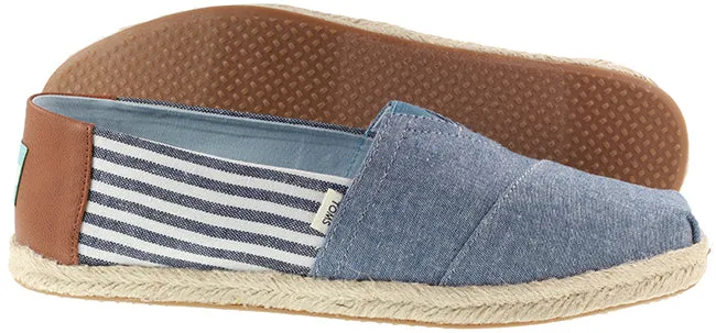 Toms Shoes Mens Espadrille Alpargata Chambray Stripes Navy Sky